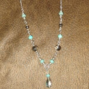 Silver Necklace with Aqua Beads and Teardrop Pendant